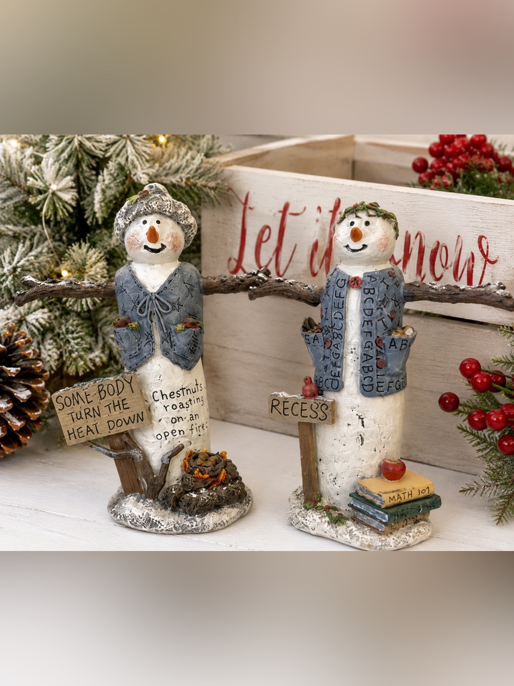Vintage Resin Teacher Snowman Figurines Set of 2 Christmas Holiday Decor School